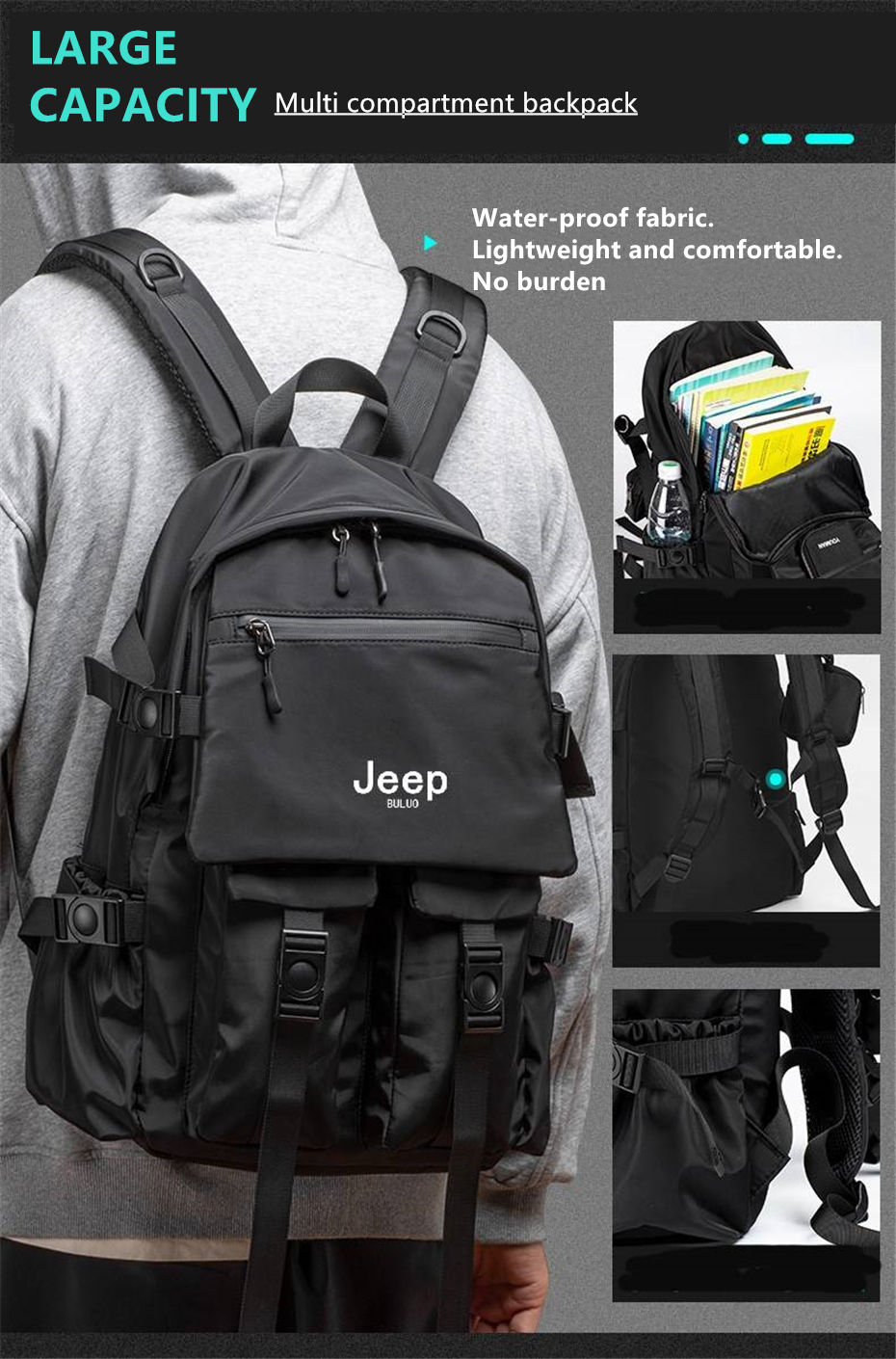 JEEP BULUO Brand Men Shoulder Backpack Casual Hiking Backpacks Outdoor Sport School Bag High Quality Travel Laptop Anti-theft