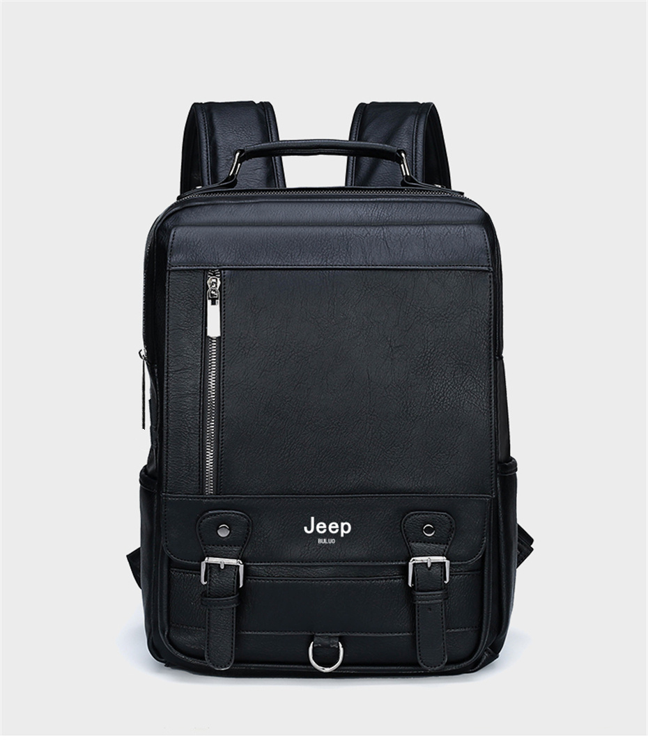 JEEP BULUO Fashion Leather Men Backpack Business Male 15.6" Laptop Bag Daypacks Large Capacity Travel College School Bag