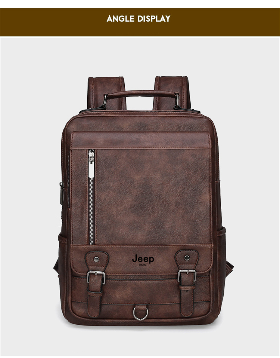 JEEP BULUO Fashion Leather Men Backpack Business Male 15.6" Laptop Bag Daypacks Large Capacity Travel College School Bag