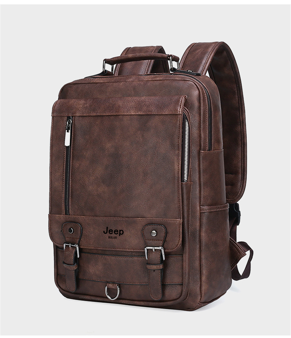 JEEP BULUO Fashion Leather Men Backpack Business Male 15.6" Laptop Bag Daypacks Large Capacity Travel College School Bag