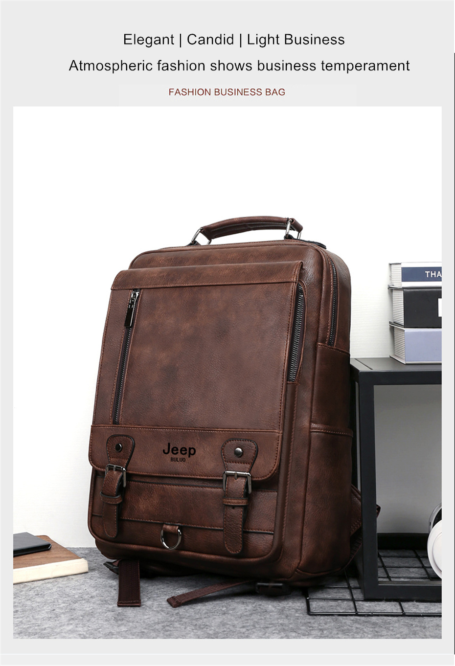 JEEP BULUO Fashion Leather Men Backpack Business Male 15.6" Laptop Bag Daypacks Large Capacity Travel College School Bag