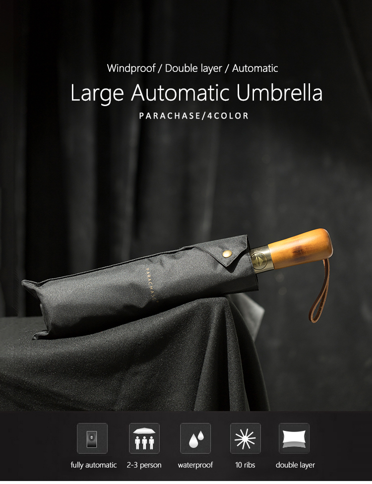 PARACHASE Big Umbrella Men Business Style 115cm Automatic Umbrella Rain Double Layer 10K Windproof Large Golf Umbrellas Wooden