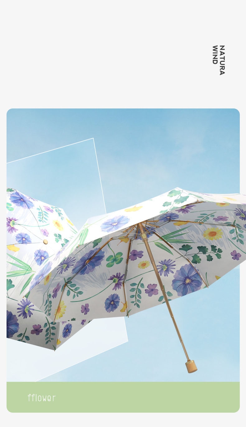 Double-sided Printing Windproof Anti-ultraviolet Female Sunshade Mini Umbrella Retro Wooden Handle Outdoor Gift Umbrella