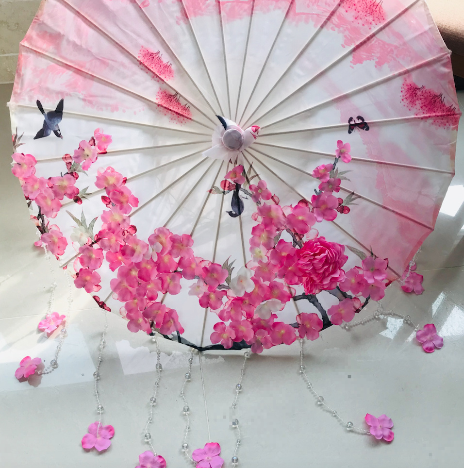 Silk Cloth Lace Umbrella Women Costume Photography Props Tasseled Umbrella Yarned Chinese Classical Oil-paper Umbrella Parasol