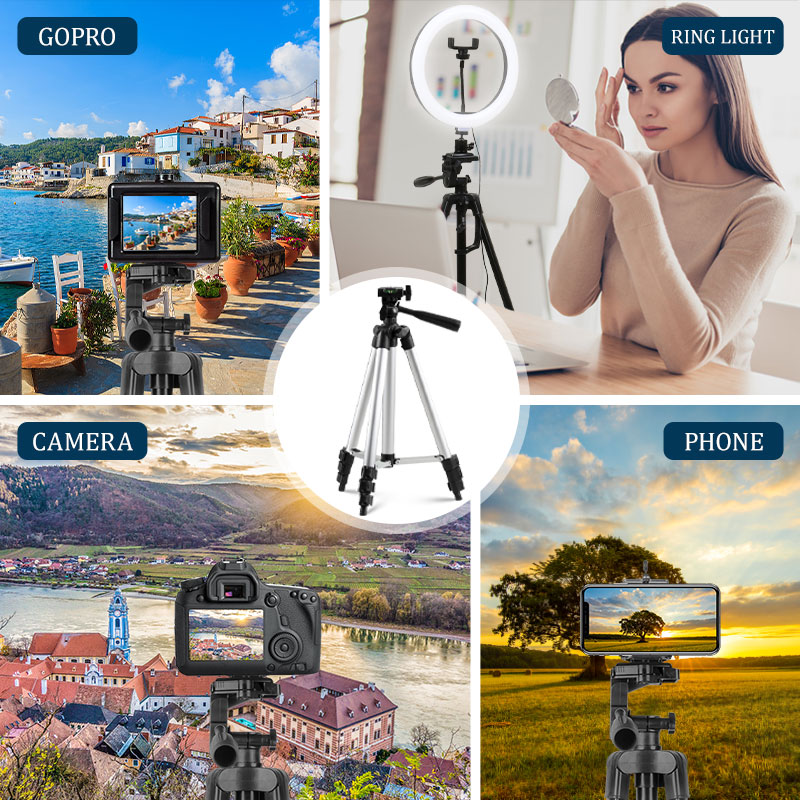 Black/Silver Tripod For Phone Lightweight Aluminum Tripod Stand With Remote Clip For iPhone Selfies Video Recording Camera Stand