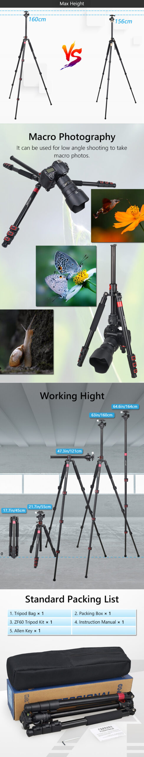 ZF60 Profissional Horizontal Tripod for Camera with Faster Flip Lock 63" 160cm Max Camera Stand Aluminum CNC Better than Q999H