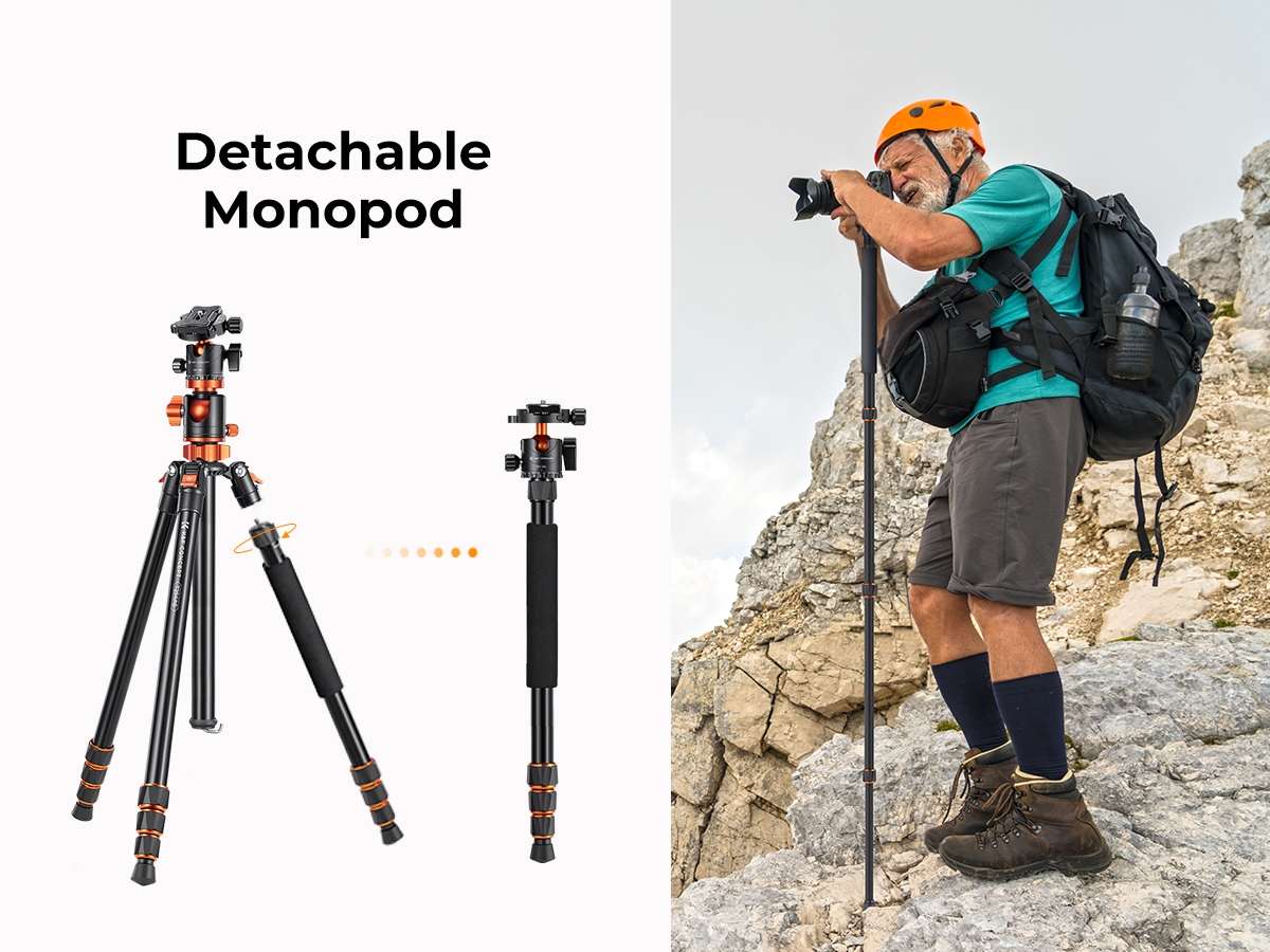 K&F Concept 76"/193cm Camera Tripod Professional Center Axis Horizontal Tripods 22lbs/10kg Load Capacity with Detachable Monopod