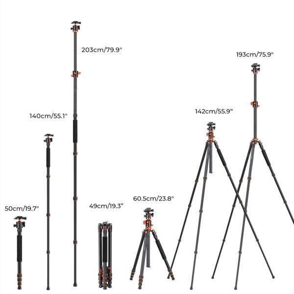 K&F Concept 76"/193cm Camera Tripod Professional Center Axis Horizontal Tripods 22lbs/10kg Load Capacity with Detachable Monopod - Image 4