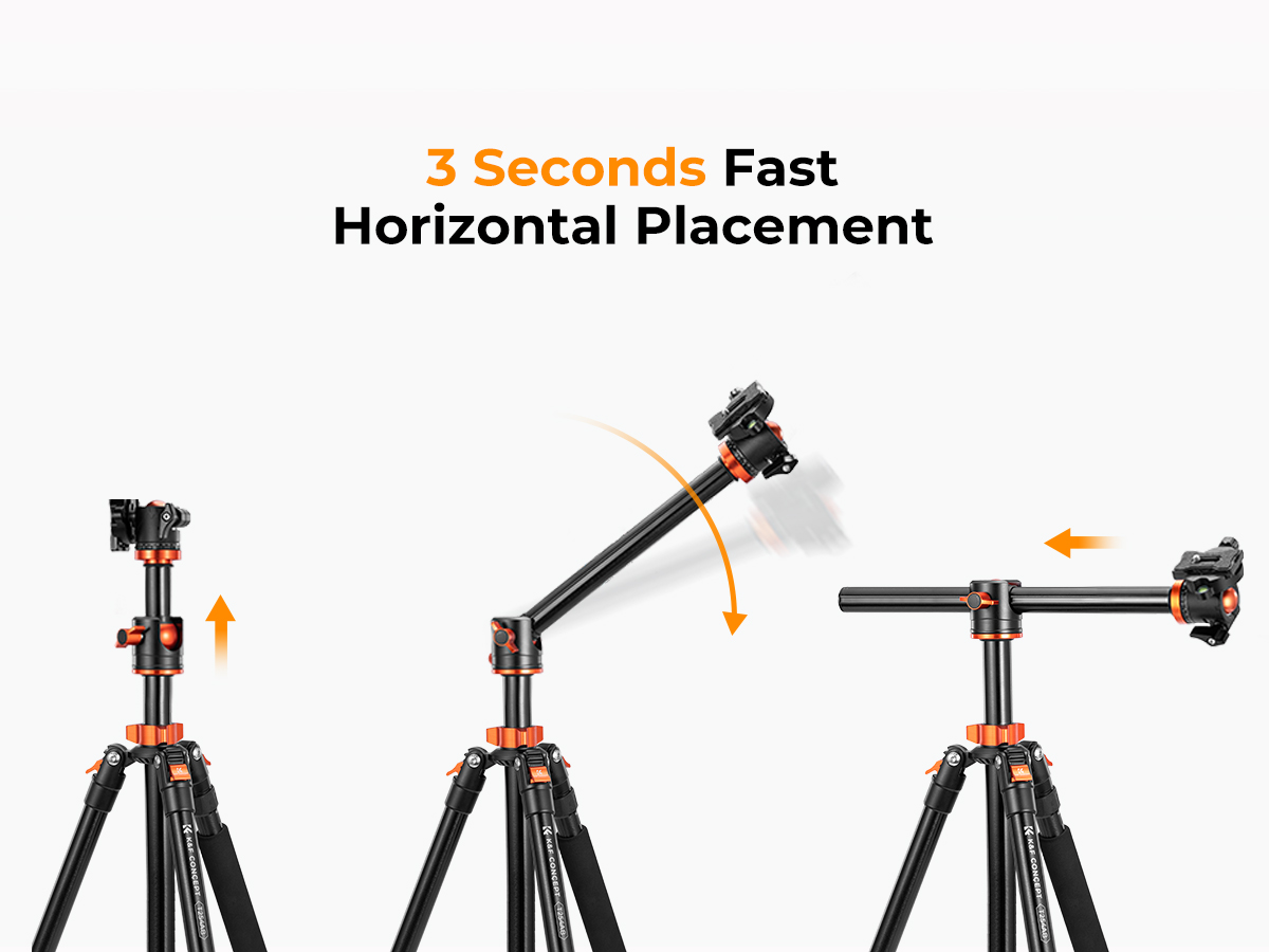 K&F Concept 76"/193cm Camera Tripod Professional Center Axis Horizontal Tripods 22lbs/10kg Load Capacity with Detachable Monopod