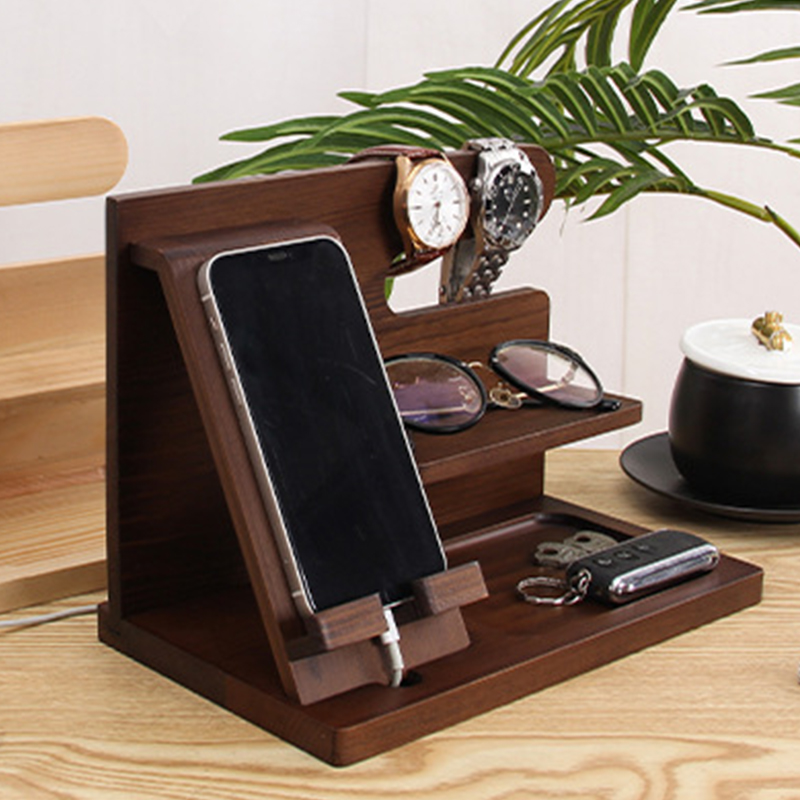 Multifunction Wooden Bedside Organiser Wood Phone Docking Station Key Holder Wallet Stand Watch Organizer Valentines Gifts