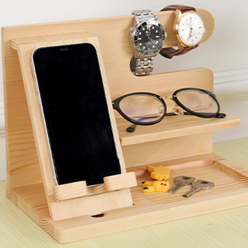 Multifunction Wooden Bedside Organiser Wood Phone Docking Station Key Holder Wallet Stand Watch Organizer Valentines Gifts