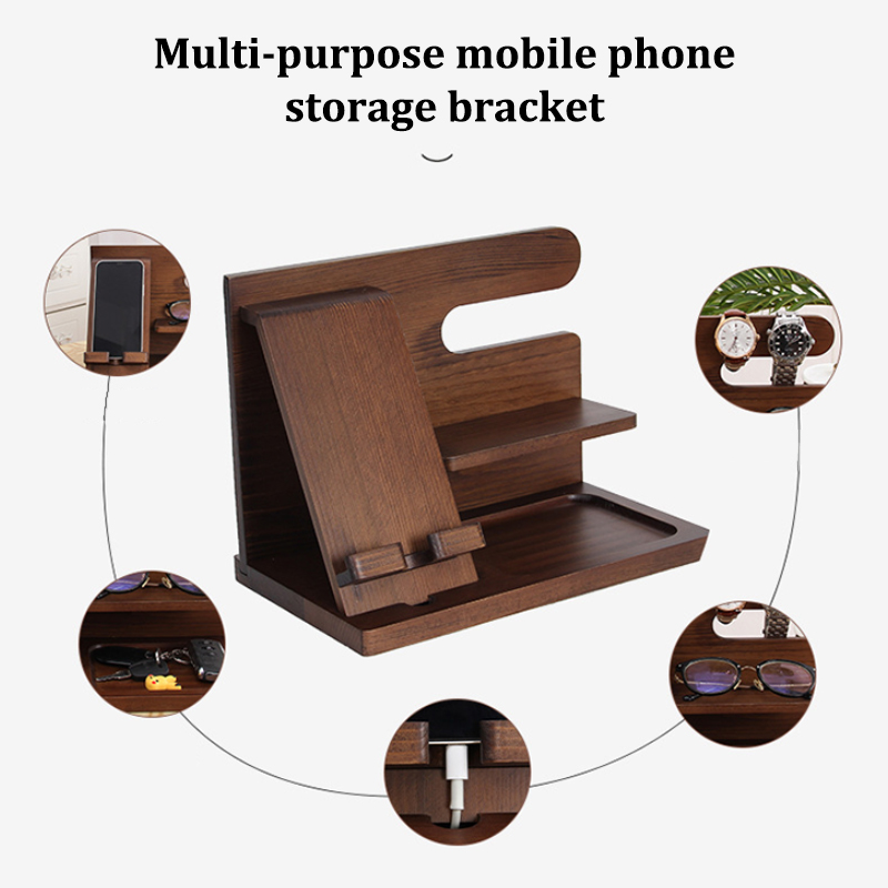 Multifunction Wooden Bedside Organiser Wood Phone Docking Station Key Holder Wallet Stand Watch Organizer Valentines Gifts