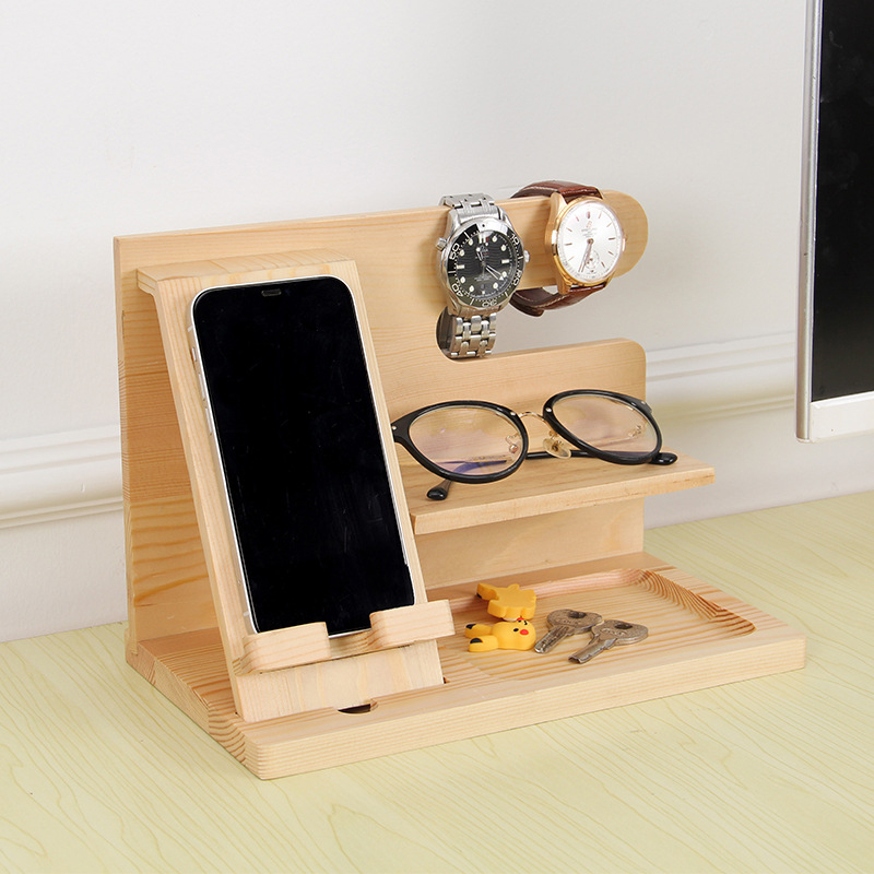 Multifunction Wooden Bedside Organiser Wood Phone Docking Station Key Holder Wallet Stand Watch Organizer Valentines Gifts