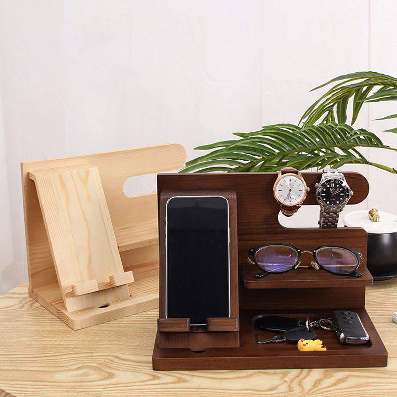 Multifunction Wooden Bedside Organiser Wood Phone Docking Station Key Holder Wallet Stand Watch Organizer Valentines Gifts