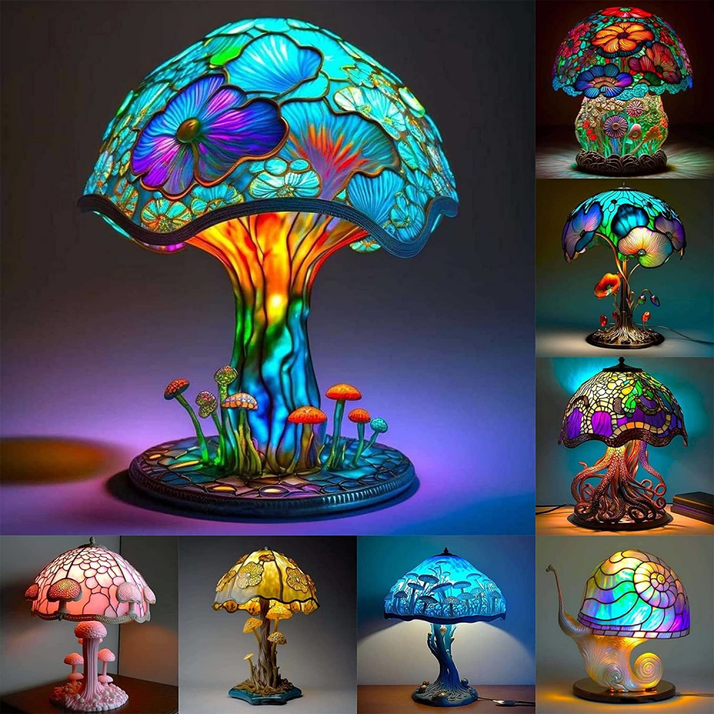 Creative Stained Plant Series Table Lamps Resin Colorful Bedroom Bedside Flower Mushroom Retro Table Night Lamp Atmosphere Light