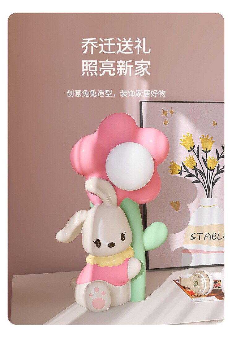 INS Bedroom Table Lamp Modern Cartoon Resin Big Ear Rabbit Flower Night Light for Children's Room Kids Boys Girls Gifts Wedding