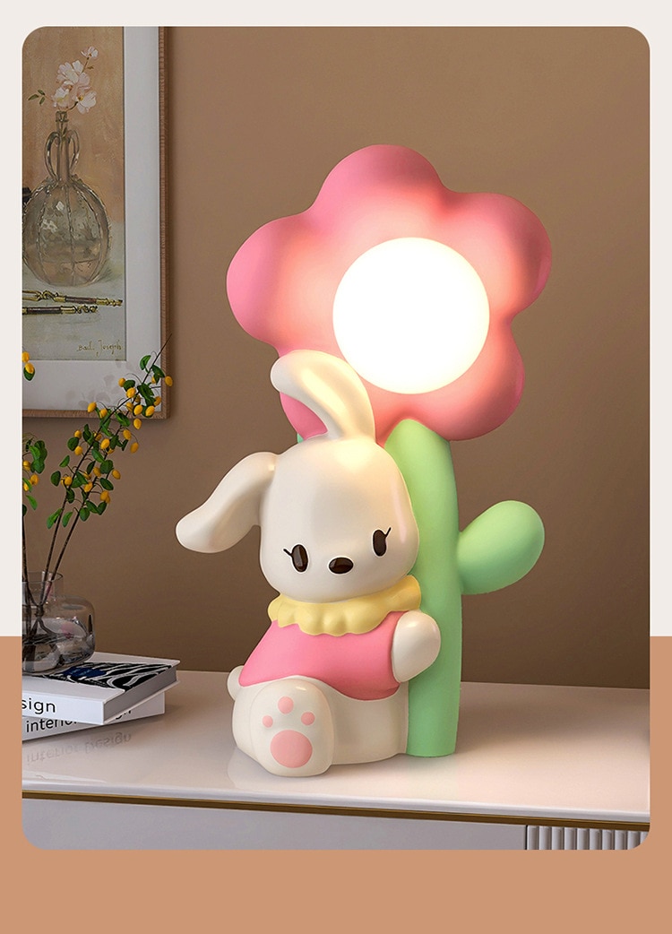 INS Bedroom Table Lamp Modern Cartoon Resin Big Ear Rabbit Flower Night Light for Children's Room Kids Boys Girls Gifts Wedding