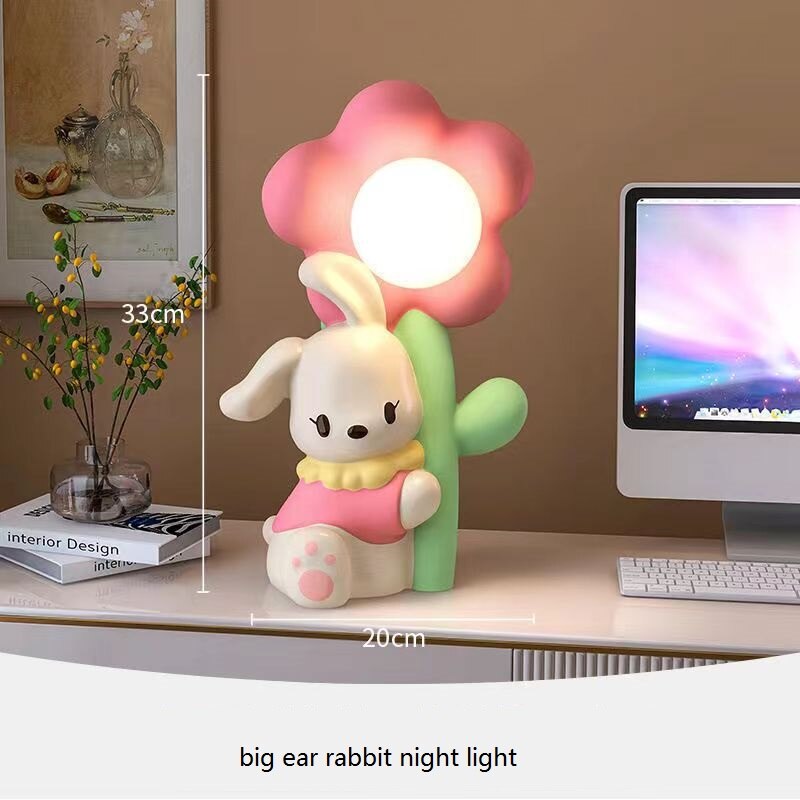 INS Bedroom Table Lamp Modern Cartoon Resin Big Ear Rabbit Flower Night Light for Children's Room Kids Boys Girls Gifts Wedding