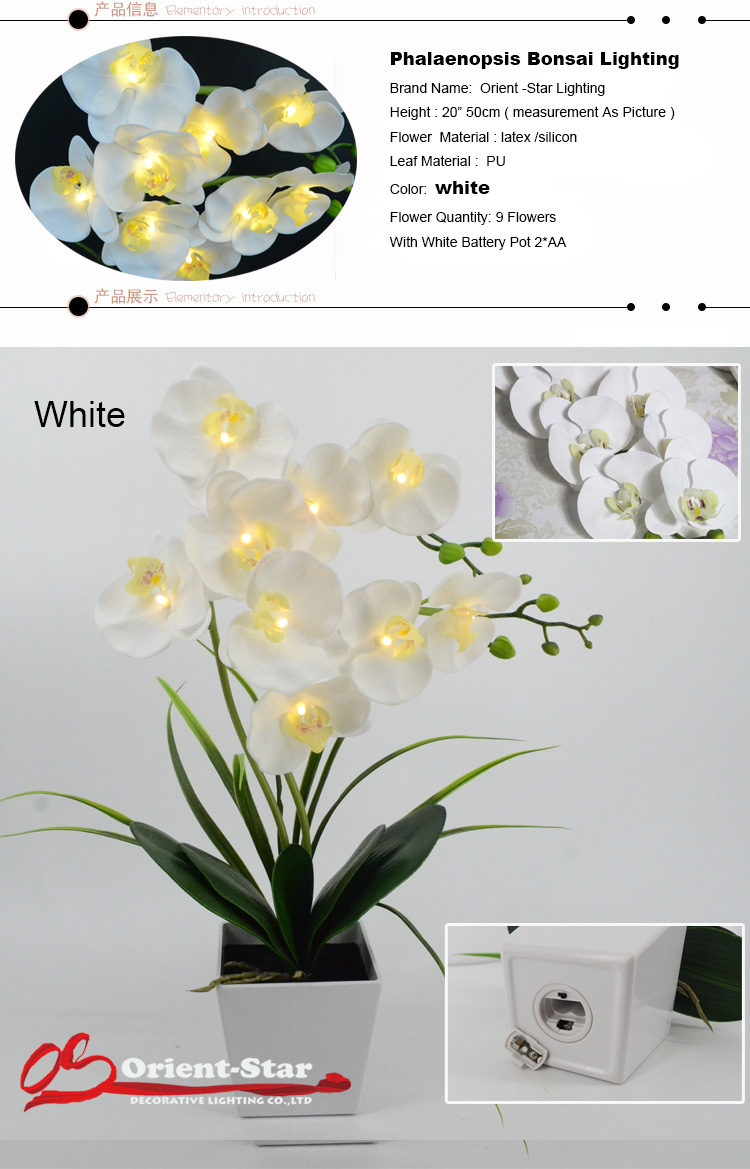 Free Shipping 20"( 50cm) LED Blossom Real Touch Orchid Flower Bonsai 9 PCs Warm White LED /Lighted Flowers with 2*AA Battery pot