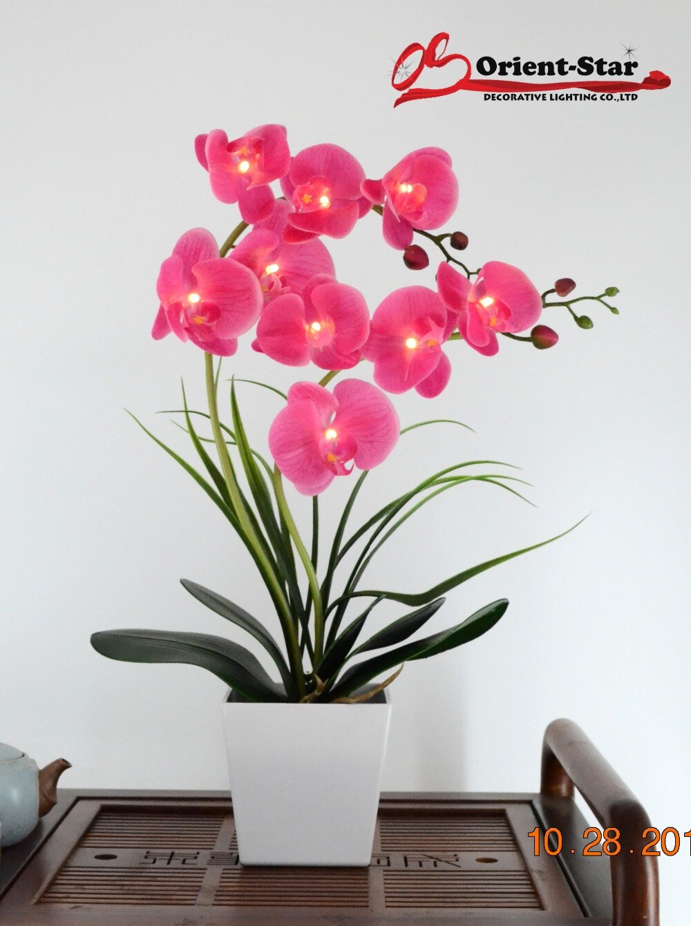 Free Shipping 20"( 50cm) LED Blossom Real Touch Orchid Flower Bonsai 9 PCs Warm White LED /Lighted Flowers with 2*AA Battery pot