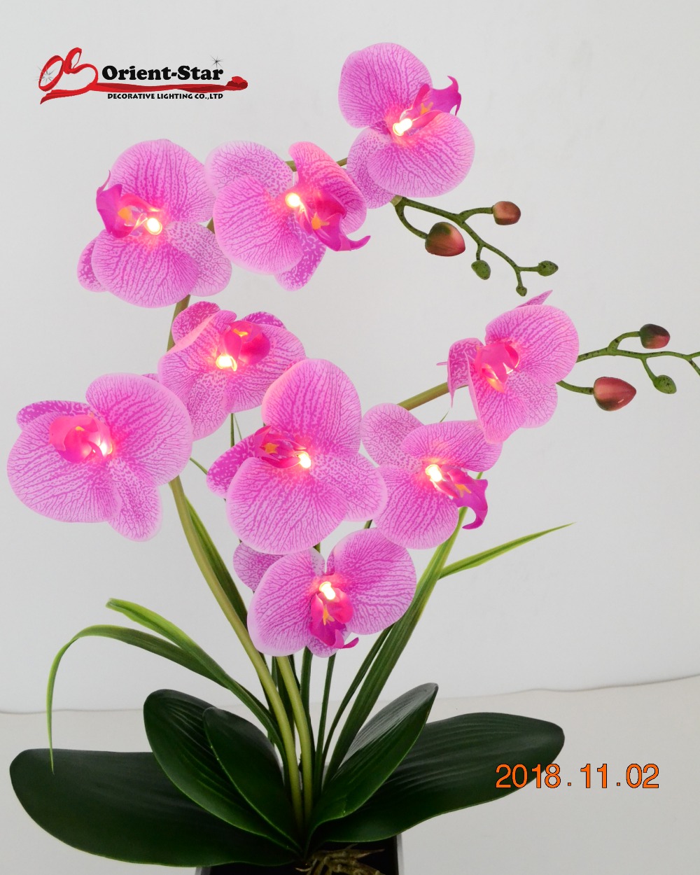 Free Shipping 20"( 50cm) LED Blossom Real Touch Orchid Flower Bonsai 9 PCs Warm White LED /Lighted Flowers with 2*AA Battery pot