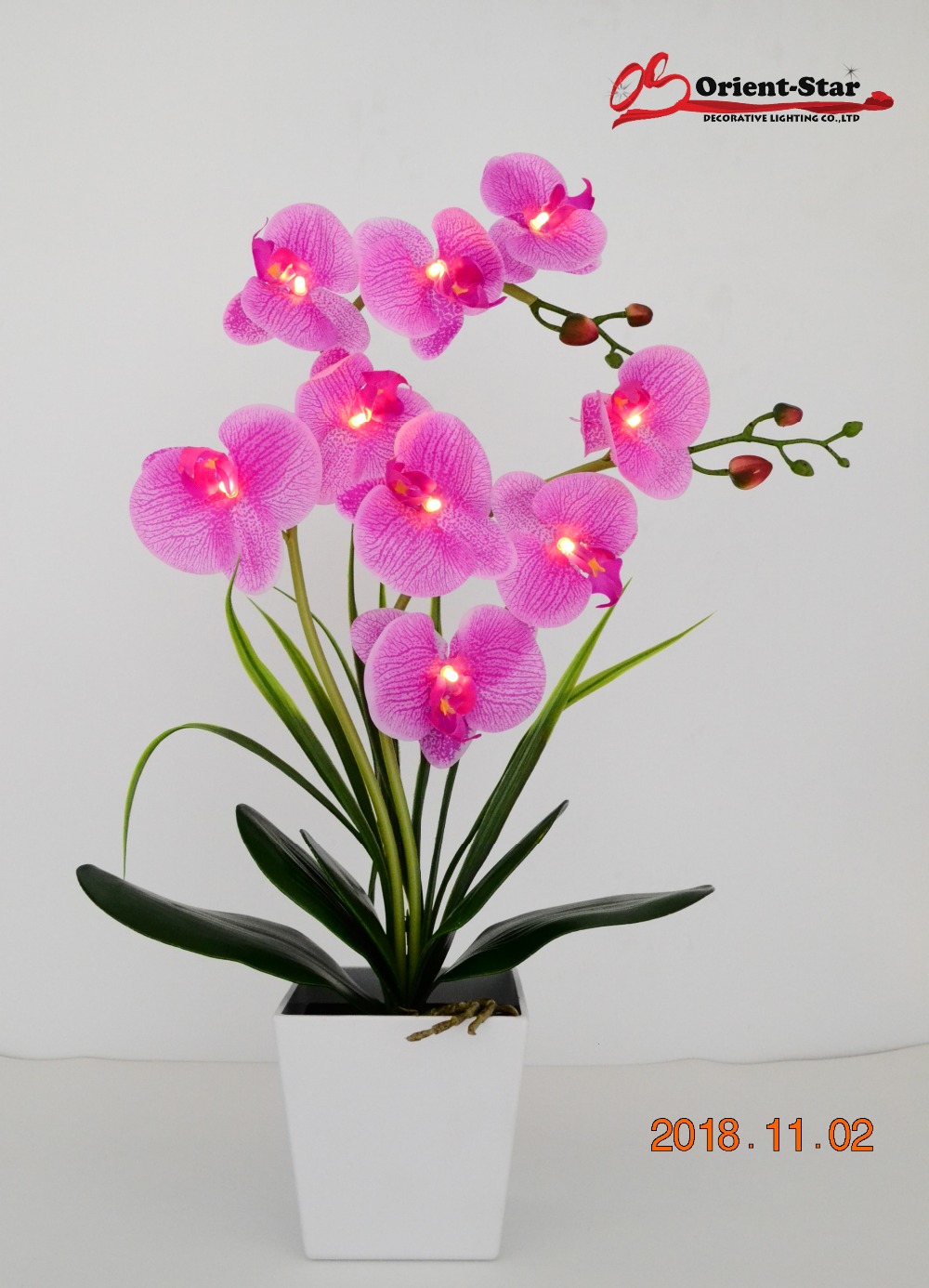 Free Shipping 20"( 50cm) LED Blossom Real Touch Orchid Flower Bonsai 9 PCs Warm White LED /Lighted Flowers with 2*AA Battery pot