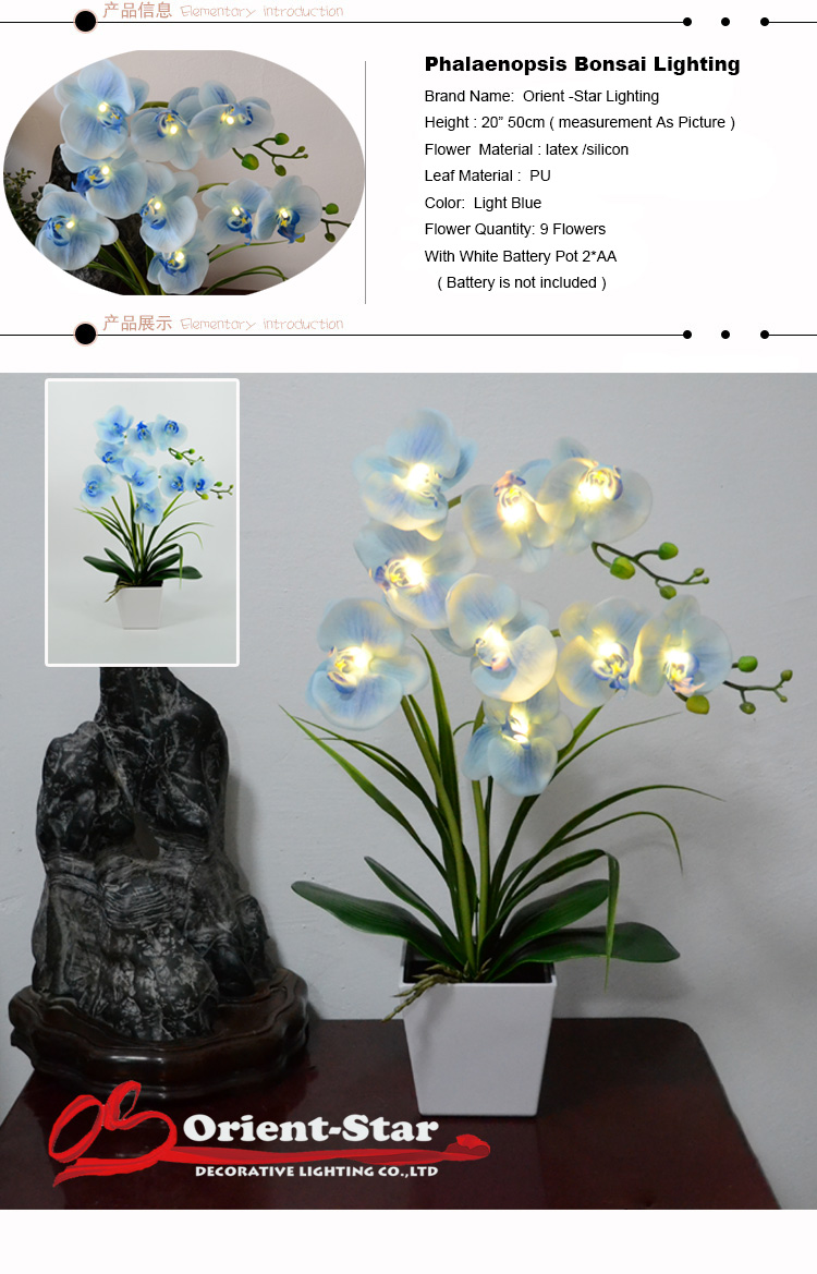 Free Shipping 20"( 50cm) LED Blossom Real Touch Orchid Flower Bonsai 9 PCs Warm White LED /Lighted Flowers with 2*AA Battery pot