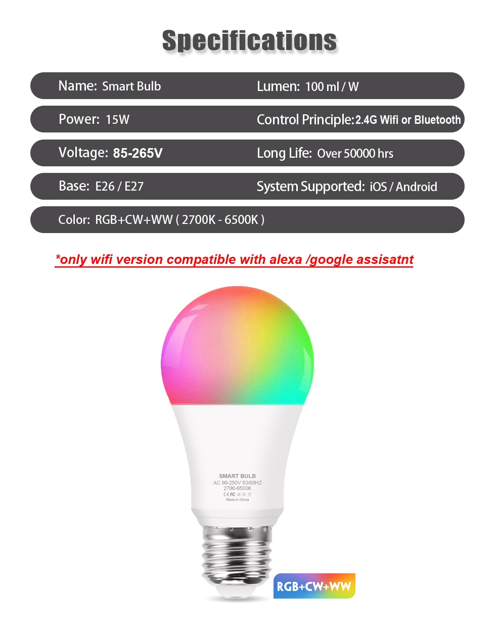 Tuya Wifi/Bluetooth Smart Bulb Alexa Led Lamp E27 RGB Smart Light Bulbs 110V 220V Smart Lamps For Google Assisatnt Smart Life