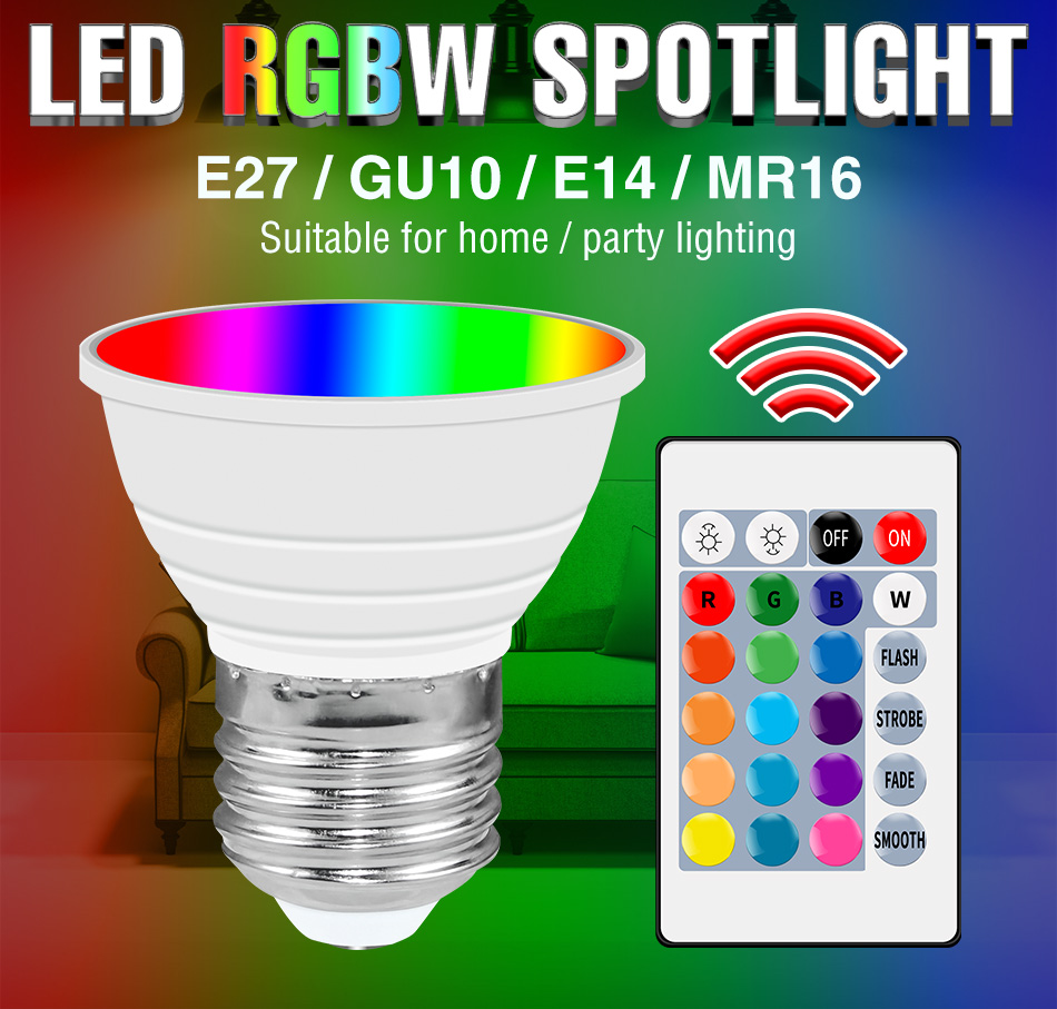 220V RGB Ampoule E27 Bulb LED GU10 Lamp MR16 Light E14 Spotlight 15W Bombilla Colorful Light Round Bulb With IR Remote Control