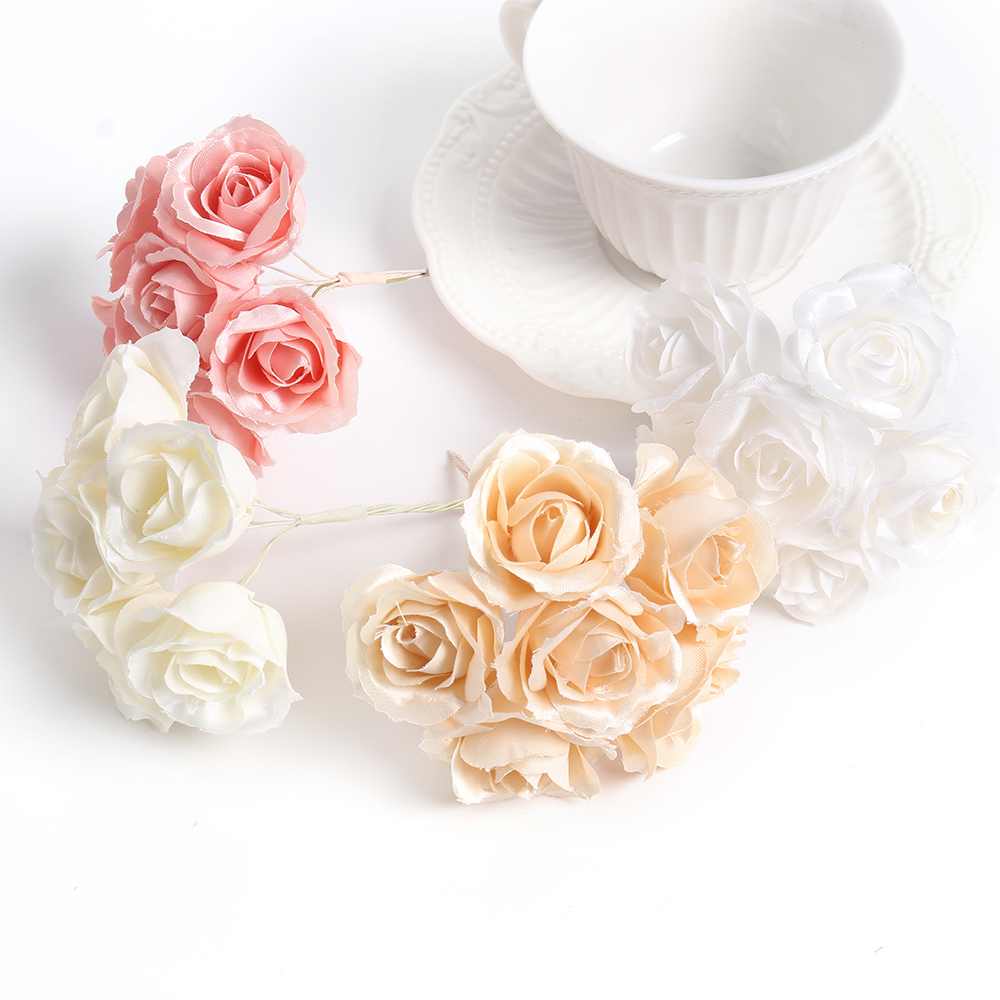 6pcs Silk Rose Artificial Flower Bouquet Wedding Party Decoration DIY Handmade Wreath Gift Scrapbooking Craft Fake Flowers