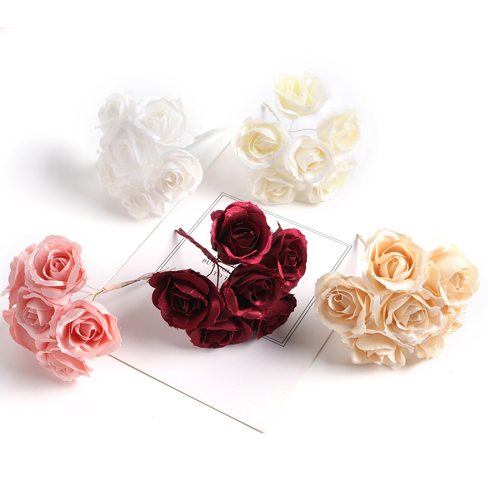 6pcs Silk Rose Artificial Flower Bouquet Wedding Party Decoration DIY Handmade Wreath Gift Scrapbooking Craft Fake Flowers