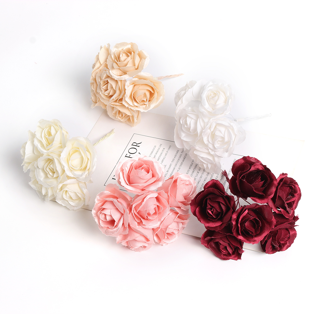 6pcs Silk Rose Artificial Flower Bouquet Wedding Party Decoration DIY Handmade Wreath Gift Scrapbooking Craft Fake Flowers