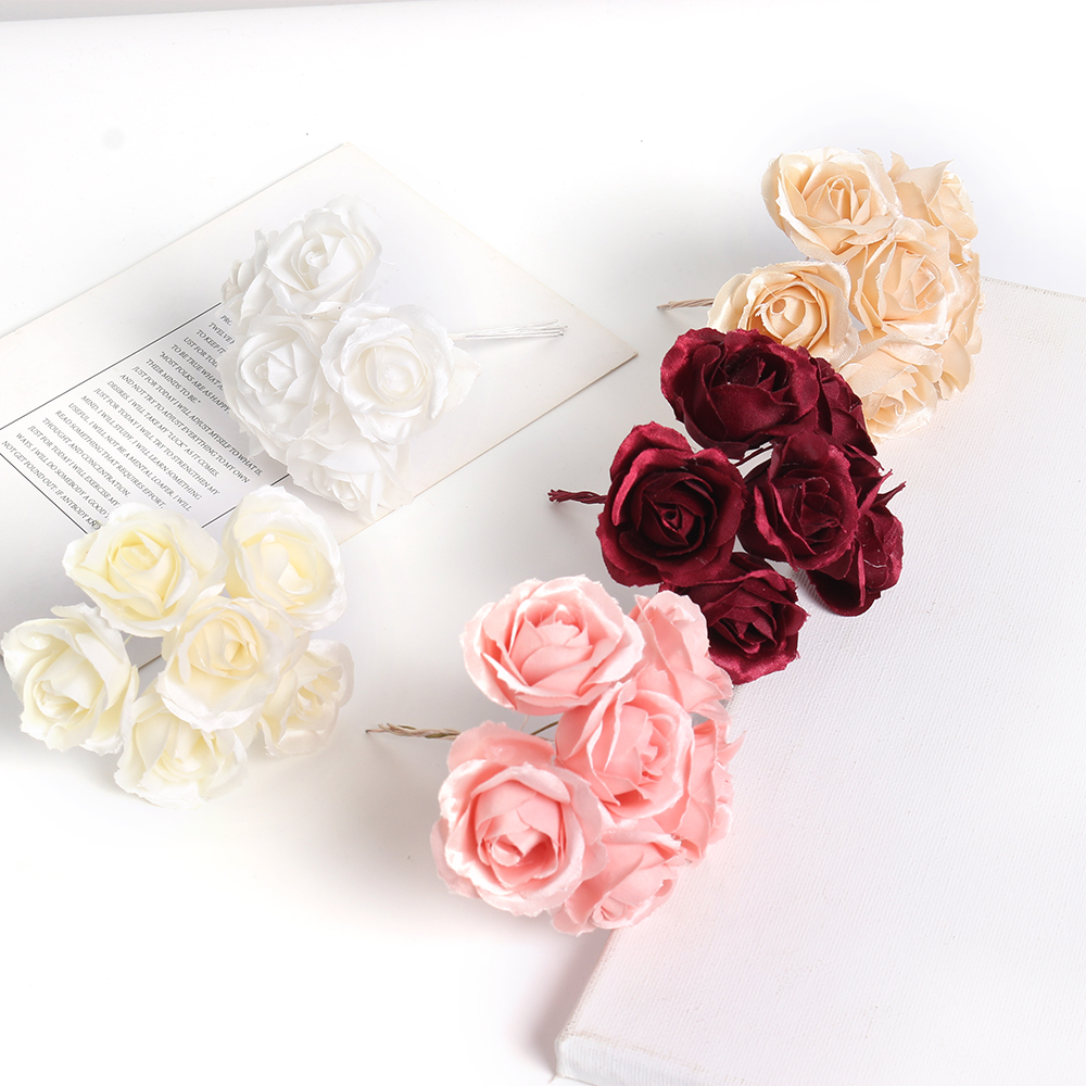 6pcs Silk Rose Artificial Flower Bouquet Wedding Party Decoration DIY Handmade Wreath Gift Scrapbooking Craft Fake Flowers