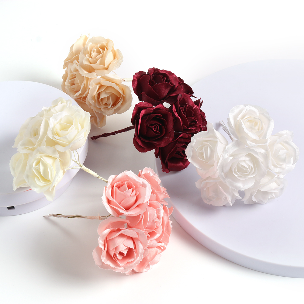 6pcs Silk Rose Artificial Flower Bouquet Wedding Party Decoration DIY Handmade Wreath Gift Scrapbooking Craft Fake Flowers