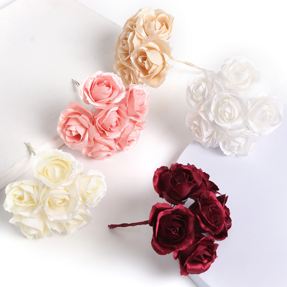 6pcs Silk Rose Artificial Flower Bouquet Wedding Party Decoration DIY Handmade Wreath Gift Scrapbooking Craft Fake Flowers