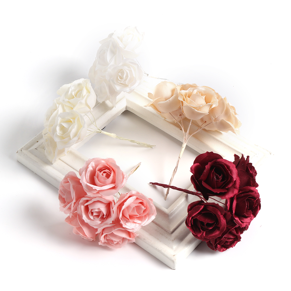 6pcs Silk Rose Artificial Flower Bouquet Wedding Party Decoration DIY Handmade Wreath Gift Scrapbooking Craft Fake Flowers