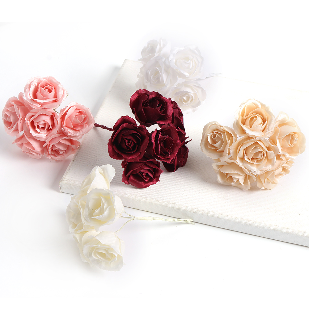 6pcs Silk Rose Artificial Flower Bouquet Wedding Party Decoration DIY Handmade Wreath Gift Scrapbooking Craft Fake Flowers