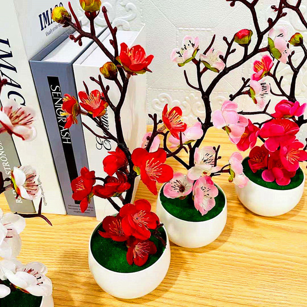 1pcs Bonsai Silk Flowers Plum Artificial Potted Plants Blossoms Simulation Winter Plum Branch Vases Wedding Home Room Decorate