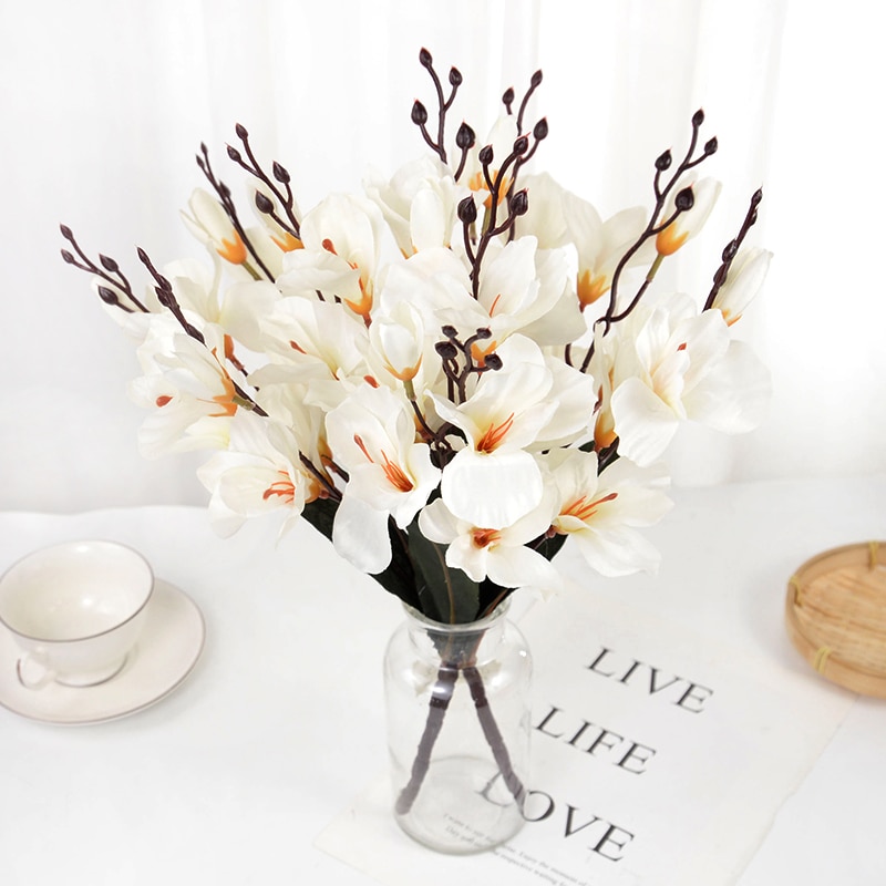 5Forks 20Heads Artificial Silk Flower Bouquet Simulation Magnolia Plant for Home Living Room Decoration Wedding Fake Flowers