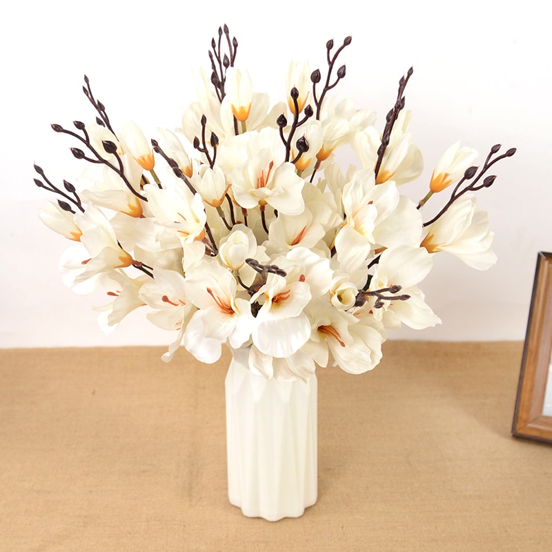 5Forks 20Heads Artificial Silk Flower Bouquet Simulation Magnolia Plant for Home Living Room Decoration Wedding Fake Flowers