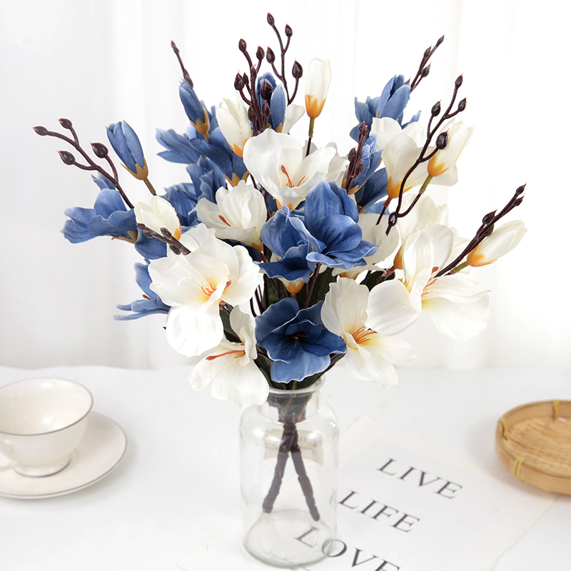 5Forks 20Heads Artificial Silk Flower Bouquet Simulation Magnolia Plant for Home Living Room Decoration Wedding Fake Flowers