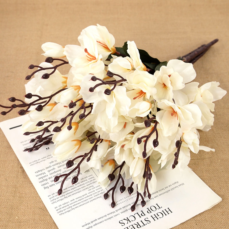 5Forks 20Heads Artificial Silk Flower Bouquet Simulation Magnolia Plant for Home Living Room Decoration Wedding Fake Flowers