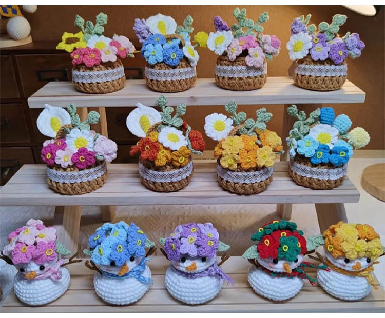 Hand-Knitted Basket Of Flowers Potted Artificial Plants Bonsai Original Gifts For Cute Room Home Table Decorations Car Ornaments