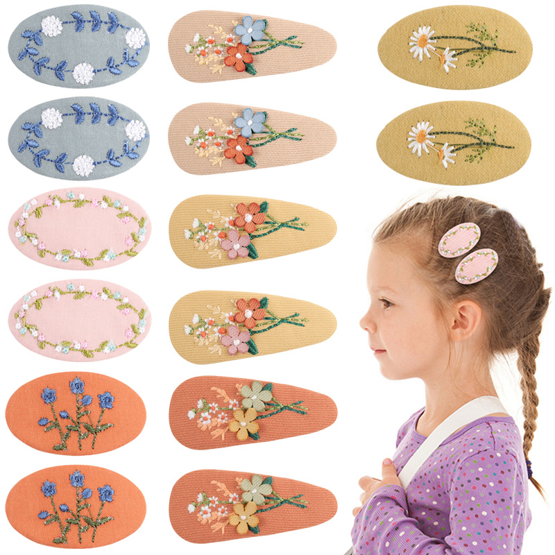 2Pcs/lot Embroidery Daisy Hair Pins Children Flower Hair Clips Geometric Sweet Girls Hair Accessories Vintage Hairpins Barrettes