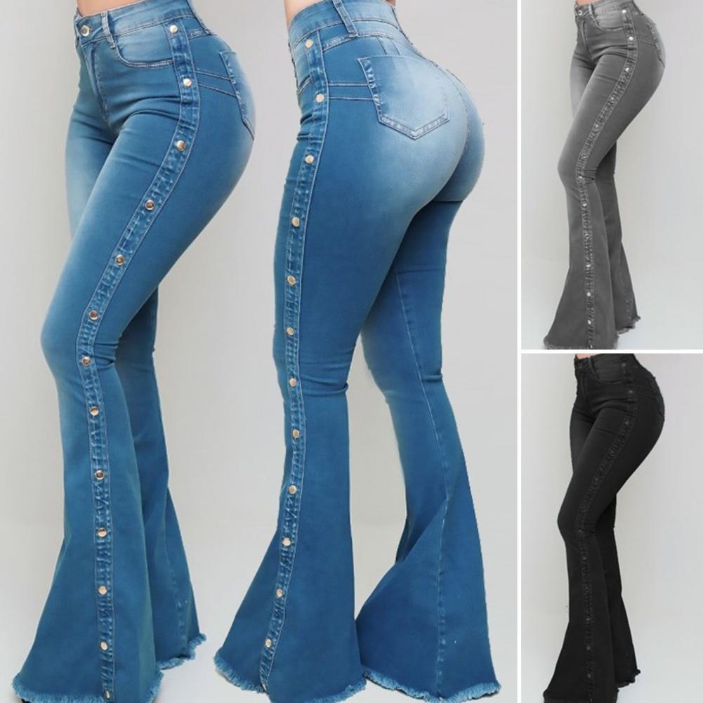Mid Waisted Stretch Flare Jeans Women Denim Pants Wide Leg Butt-lifted Casual Korean Style Skinny Bell Bottom Pocket Trousers