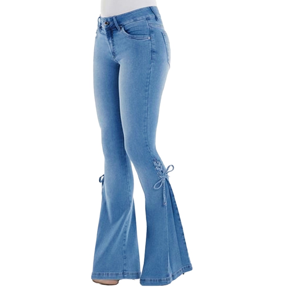 Mid Waisted Stretch Flare Jeans Women Denim Pants Wide Leg Butt-lifted Casual Korean Style Skinny Bell Bottom Pocket Trousers