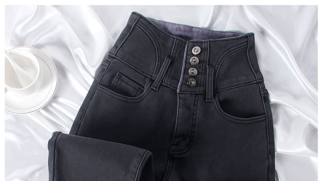 2022 New Winter Thicken Women's Jeans Fashion Slim High Waist Plus Velvet Denim Trousers Gray Warm Oversized Skinny Vaqueros