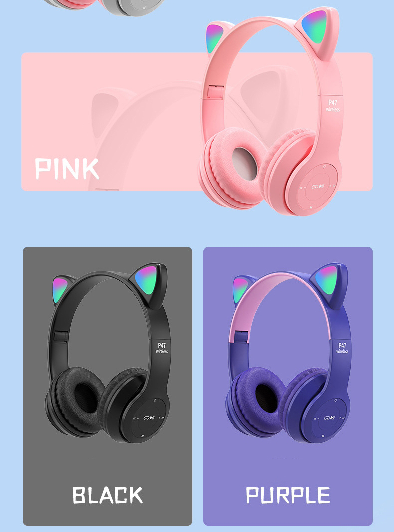 Flash Light Cute Cat Ear Headphones Wireless with Mic Can close LED Kids Girls Stereo Phone Music Bluetooth Headset Gamer Gift