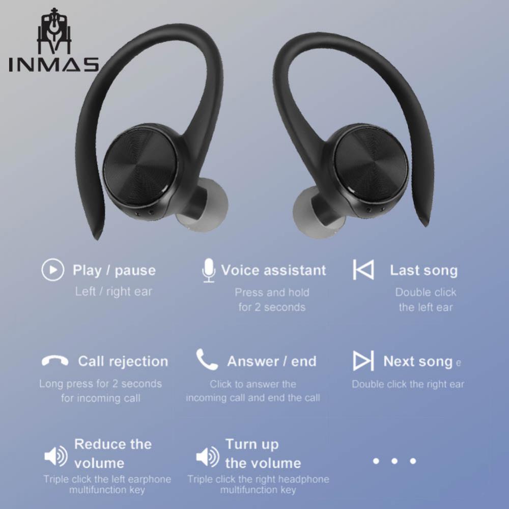 INMAS Sports Bluetooth Wireless Headphones with Mic Waterproof Ear Hooks Bluetooth Earphones HiFi Stereo Music Earbuds for Phone