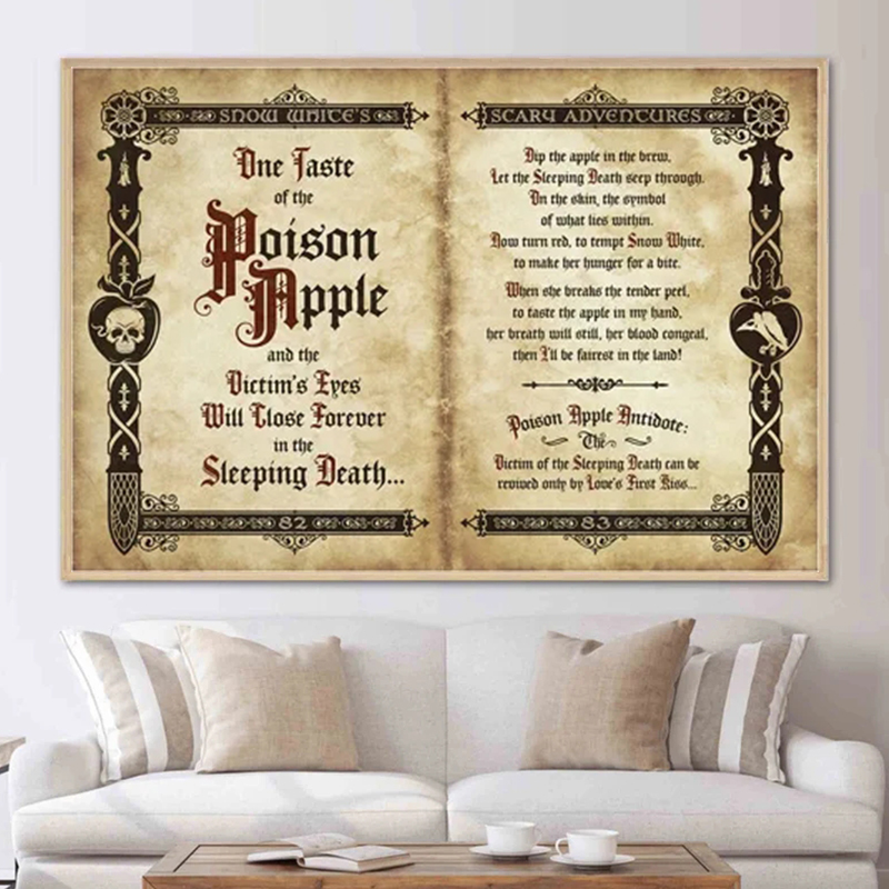 Disney Evil Queen Spell Of The Poison Apple Book Print Poster Snow White Movie Witches Evil Incantation Canvas Painting Wall Art